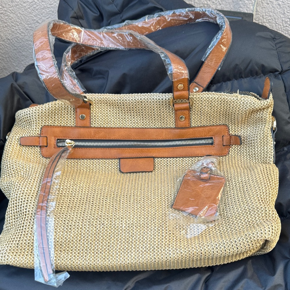Tan Woven Tote Bag with Brown Accents